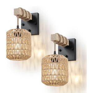 Rattan Boho Wall Sconces Set of Two, Hardwired Hand-Woven Farmhouse Wall Lamps